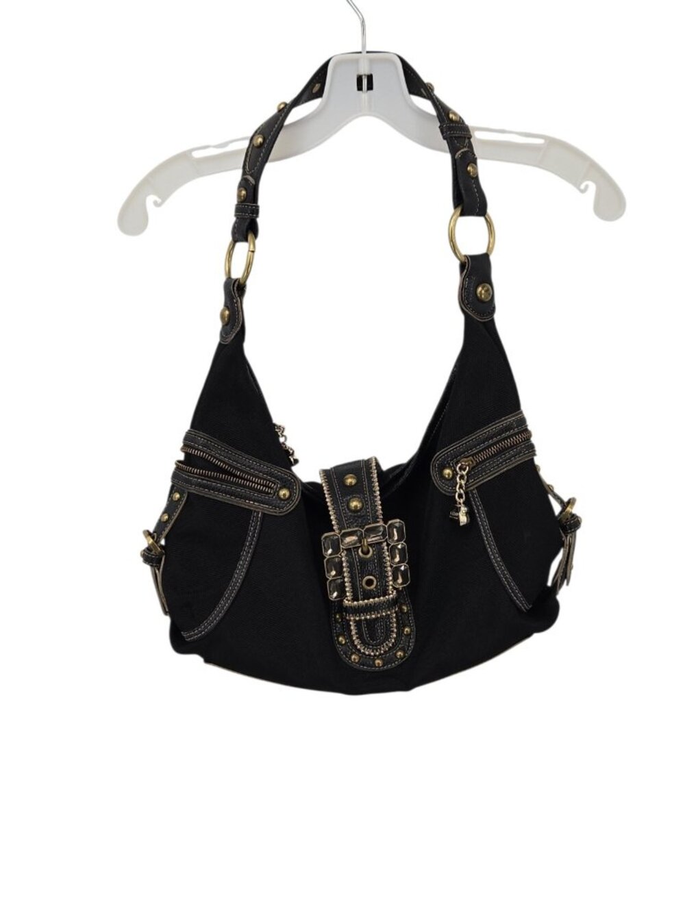 Kathy Van Zeeland Y2K Hobo Shoulder Bag Rhinestone Brass Buckles Studded Purse